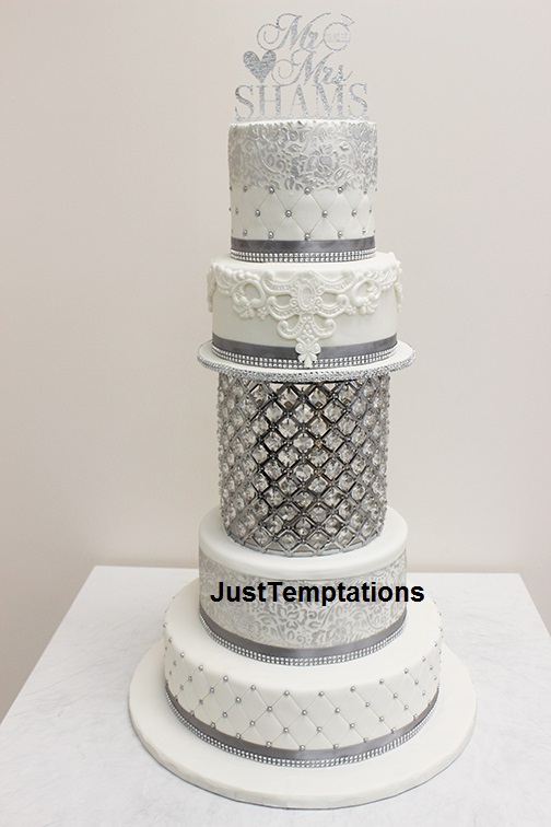 white and silver wedding cake
