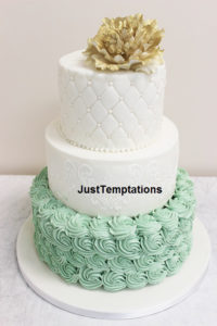 3 tiered green and white wedding cake