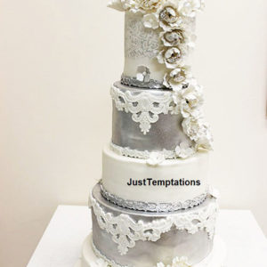 silver and white 5 tiered wedding cake