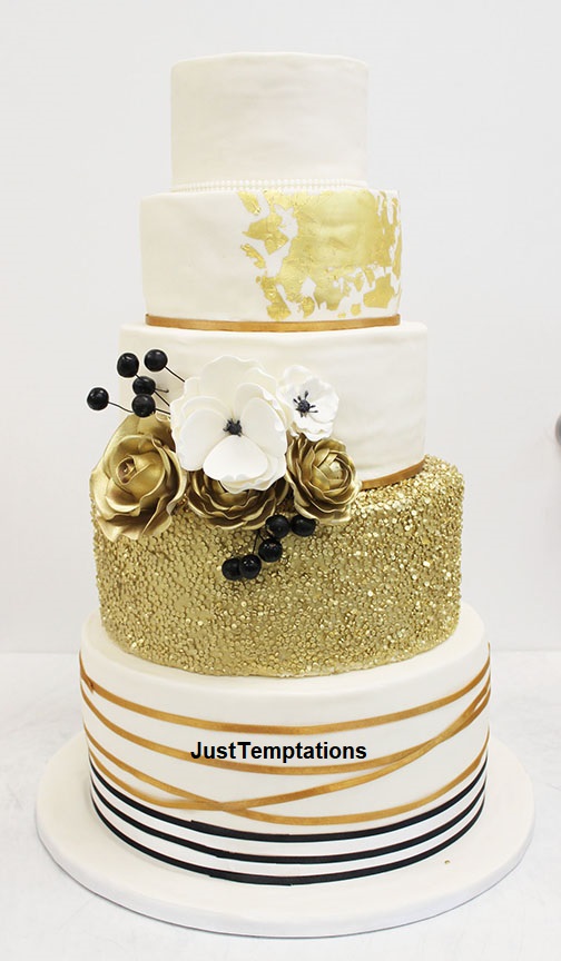 5 tiered gold confetti wedding cake